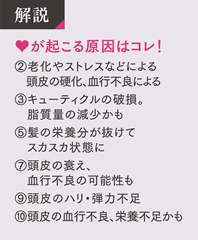 解説 ♥が起こる原因はコレ！ ②老化やストレスなどによる　頭皮の硬化、血行不良による ③キューティクルの破損。脂質量の減少かも ⑤髪の栄養分が抜けてスカスカ状態に ⑦頭皮の衰え、血行不良の可能性も ⑨頭皮のハリ・弾力不足 ⑩頭皮の血行不良、栄養不足かも