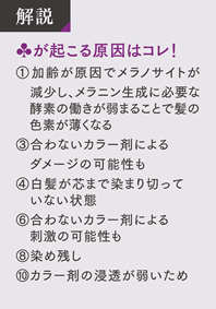 解説 ♣が起こる原因はコレ！ ① 加齢が原因でメラノサイトが減少し、メラニン生成に必要な酵素の働きが弱まることで髪の色素が薄くなる ③合わないカラー剤によるダメージの可能性も ④白髪が芯まで染まり切っていない状態 ⑥合わないカラー剤による刺激の可能性も ⑧染め残し ⑩カラー剤の浸透が弱いため